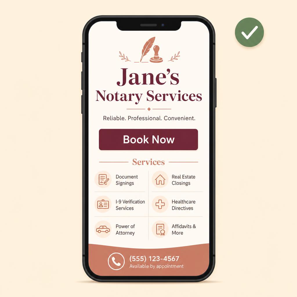 A phone showing a clean one-page landing page with a clear call to action
