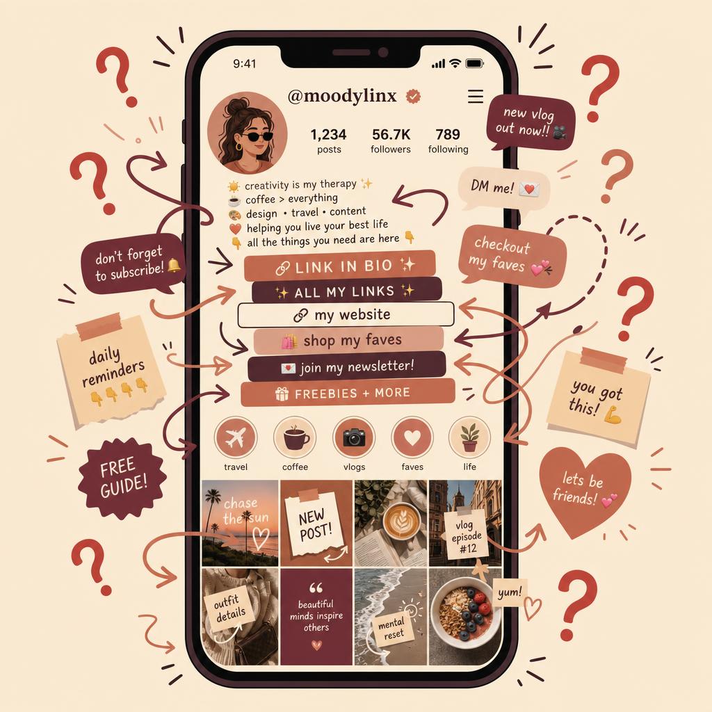 A phone showing a cluttered, scattered social media bio