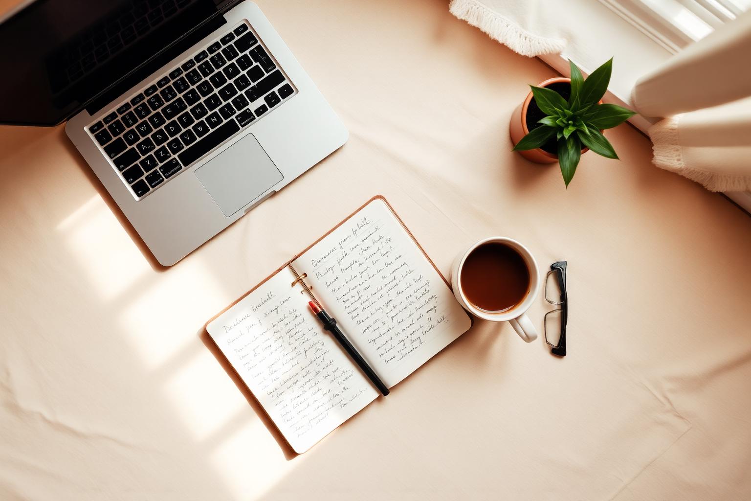 A warm, tidy workspace with a laptop, notebook, coffee, and reading glasses